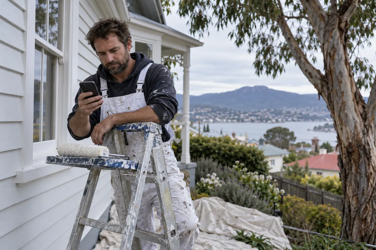 A painter on a ladder outside a weatherboard house checking a call summary on a phone