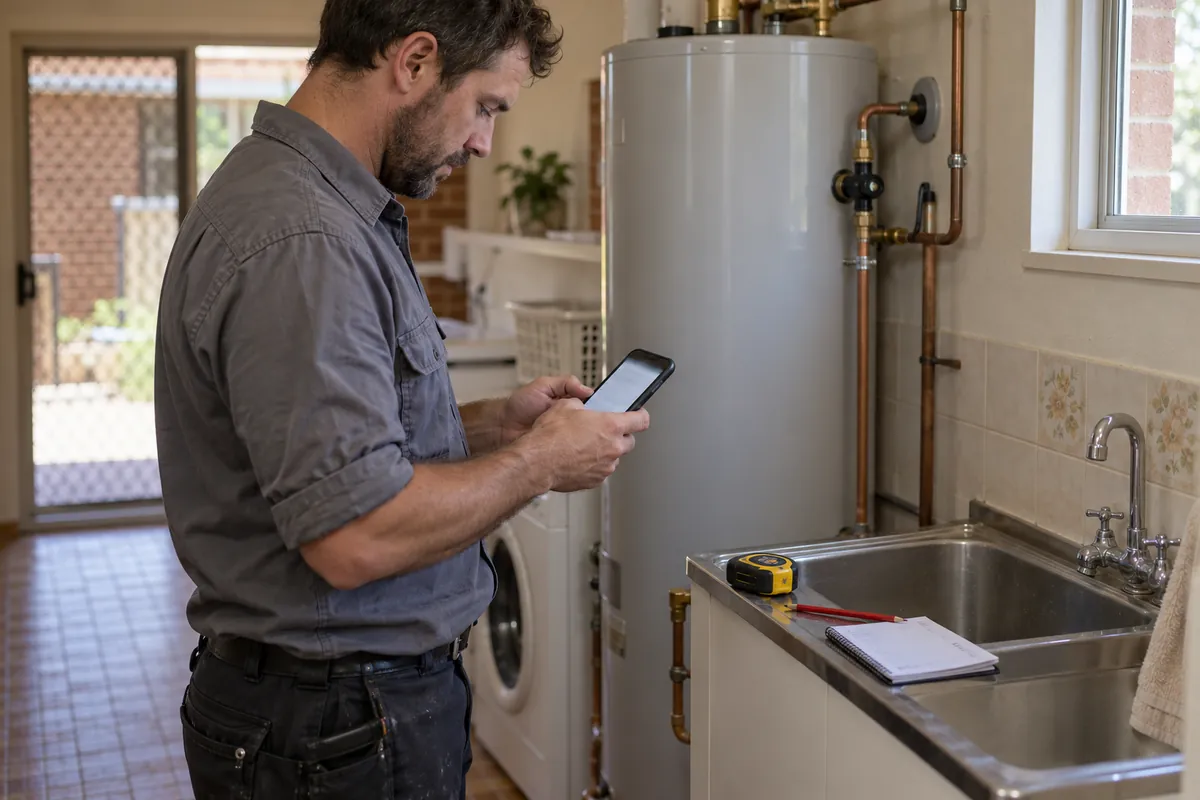 A plumber standing beside a replaced hot water unit in a laundry, reviewing a draft quote on a phone