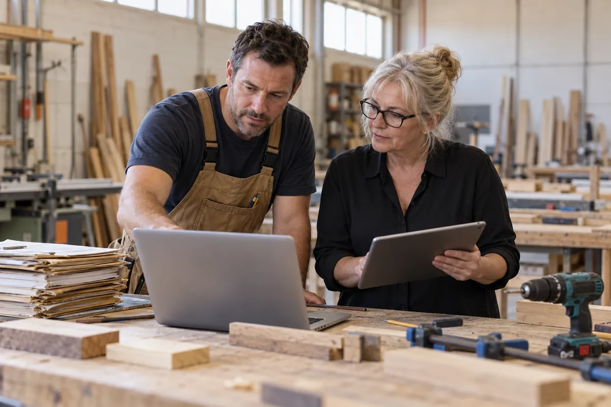 A tradie and an office manager at a workshop bench comparing customer records on a laptop and a tablet